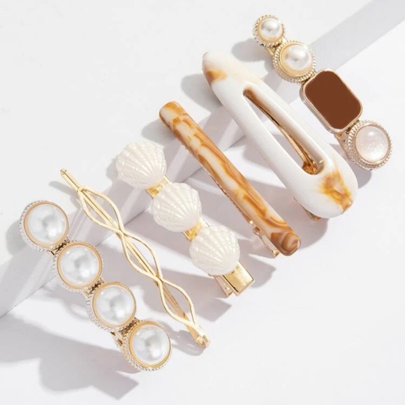 🆕 Faux Pearl & Shell Decor Hair Clip Set of 6 - Picture 2 of 8